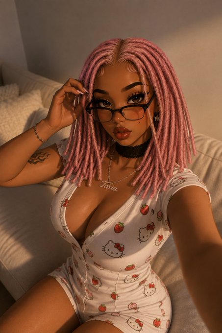 A woman with pink dreadlocks and glasses poses in a white Hello Kitty patterned outfit, wearing a 'Teria' name necklace and showing a tattoo on her arm.