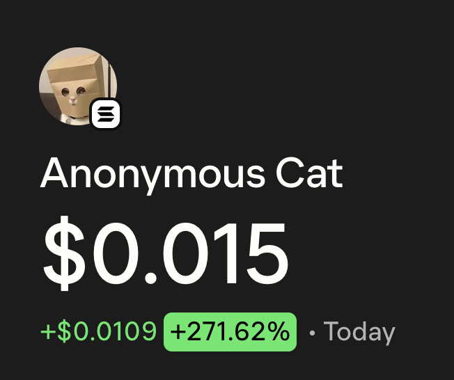 The image displays a Robinhood-style portfolio snapshot showing "Anonymous Cat" at $0.015, up +271.62% (or +$0.0109) today. This visually confirms the post's enthusiasm for the meme coin $ZCAT (Anonymous Cat), whose massive single-day gain of 271% aligns with the poster's late but bullish entry.
