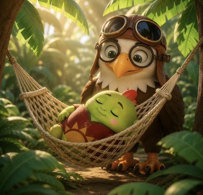 A 3D-rendered cartoon owl wearing aviator goggles and a pilot's cap gently cradles a smiling green creature sleeping in a hammock, surrounded by lush jungle foliage bathed in warm sunlight.