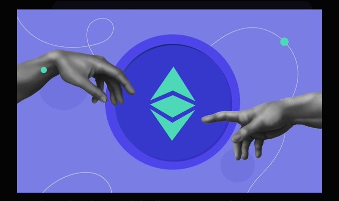 The image shows a close-up of two hands pointing towards each other, with an Ethereum logo in the center surrounded by a black border. At the top of the image, there are two thumbs placed side by side. The background features a gradient of colors transitioning from purple at the top to green and blue towards the bottom. The title "CRYPTO IN HISTORY BOOK" is displayed on this section, indicating that the image may be related to the history or development of cryptocurrency or Ethereum projects.
