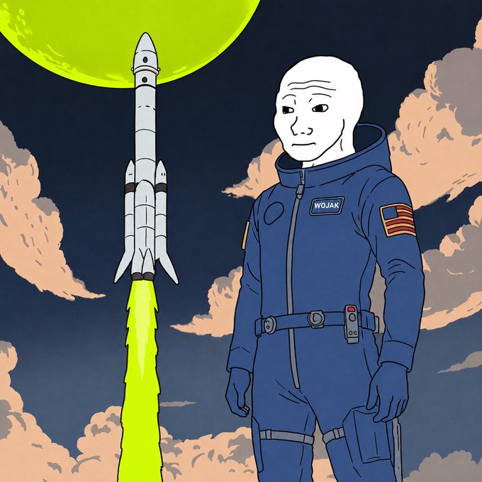 A Wojak character in a NASA spacesuit with a "WOJAK" name patch stands before a rocket launching into a cosmic sky, symbolizing the post's message that the rationale behind $WOJAK is so compelling that ignoring it feels irrational.