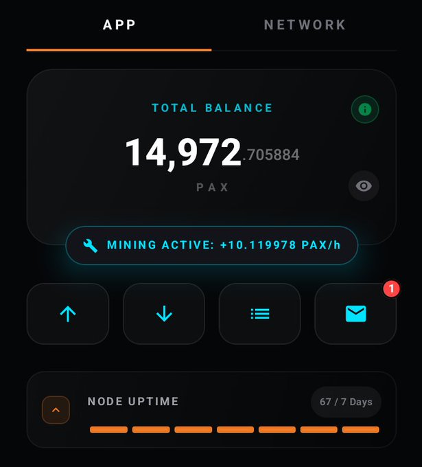 A mobile app dashboard showing 14,972.705884 PAX total balance, mining active at +10.119978 PAX/h, and a node uptime of 67/7 days.