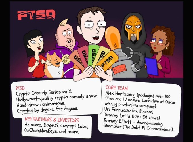 Promotional graphic for 'PTSD,' a crypto comedy series on X featuring hand-drawn animations, listing core team members including Alex Hertzberg, Uri Ferruccio, Tommy Letts, and Barney Elliott.