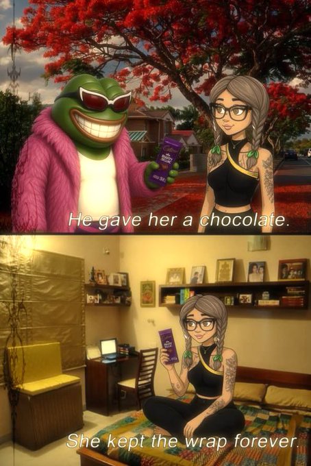 A two-panel meme shows a character giving a Cadbury chocolate bar to a tattooed woman, with captions reading 'He gave her a chocolate.' and 'She kept the wrap forever.'