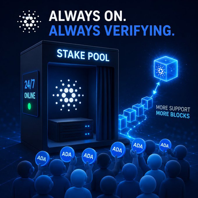 A futuristic graphic showing a glowing "STAKE POOL" server marked "24/7 ONLINE" with the Cardano logo, surrounded by figures holding "ADA" tokens, while a staircase of blocks rises toward a floating Cardano cube labeled "MORE SUPPORT MORE BLOCKS"—visually reinforcing the post's explanation that staking ADA to a constantly running node increases a pool's chances of being selected to verify the next block on the Cardano network.