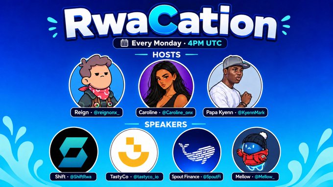 A promotional graphic for 'RwaCation' held 'Every Monday · 4PM UTC', featuring cartoon avatars for hosts (Reign @reignonx, Caroline @Caroline_onx, Papa Kyenn @KyennMark) and speakers (Shift, TastyCo, Spout Finance, Mellow).