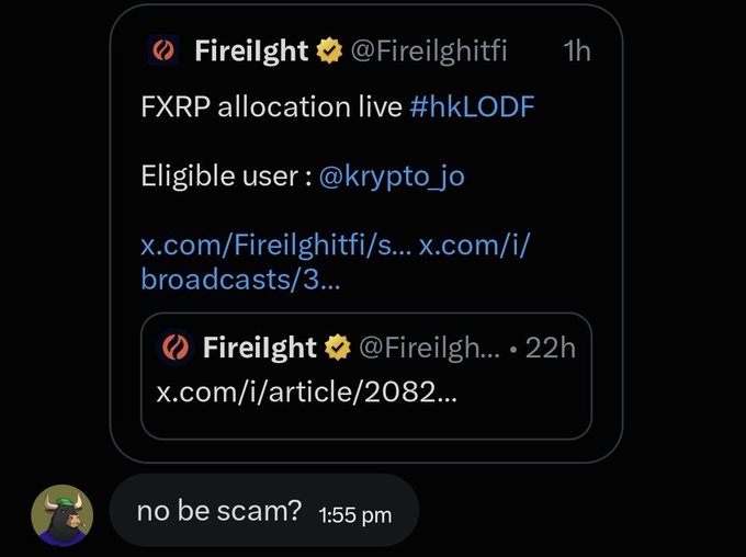 A social media screenshot showing a tweet from Fireilghtfi announcing an FXRP allocation for user @krypto_jo, with a reply below asking 'no be scam?'