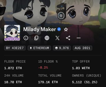 The image shows an OpenSea listing for the "Milady Maker" NFT collection on Ethereum, displaying a floor price of 1.072 ETH (down 0.2%), with 24h volume of 10.70 ETH and 9,976 total items. The connection to the post about Robinhood suggests a satirical comparison, implying that just as Robinhood may need repricing, the "Milady Maker" NFT floor could also be undervalued at only 1 ETH given its cultural significance.