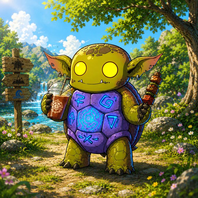 A whimsical digital illustration of a green turtle-like creature with glowing yellow eyes and a purple shell adorned with glowing runes, holding a drink and a skewer in a lush, sunny forest setting with a wooden signpost.
