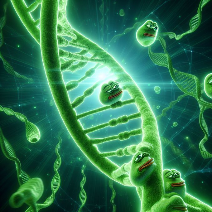 A surreal green-tinted artwork featuring a glowing DNA double helix composed of multiple Pepe the Frog heads, floating in a luminescent, bubbly environment with other floating DNA strands.