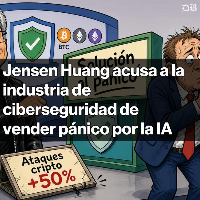 A Spanish-language cartoon graphic with the headline 'Jensen Huang acusa a la industria de ciberseguridad de vender pánico por la IA' (Jensen Huang accuses the cybersecurity industry of selling panic over AI), featuring a sweating businessman, a 'Solución al pánico' shield display with BTC and Ethereum icons, and a sign reading 'Ataques cripto +50%'.