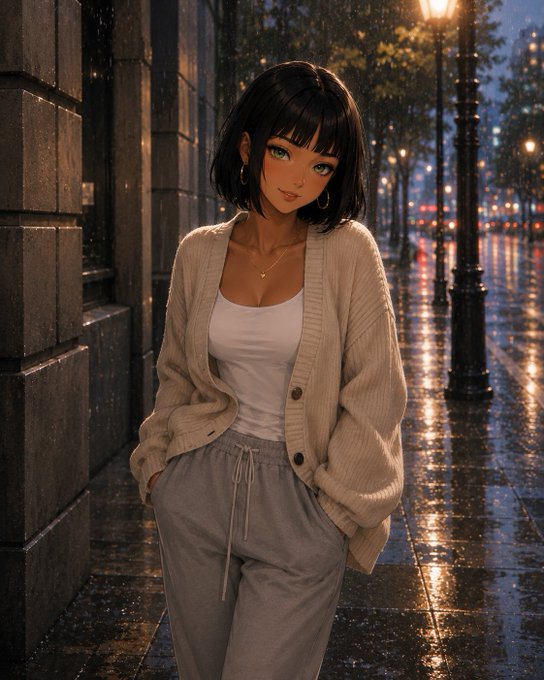 An anime-style illustration of a young woman with short black hair wearing a beige cardigan and gray pants, standing on a wet city street at night with glowing streetlights.