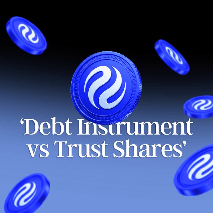 A graphic featuring floating blue Injective coins with the text ''Debt Instrument vs Trust Shares'' overlaid.