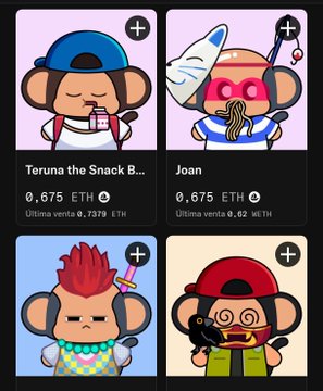 Four NFT character cards are displayed on a pink interface, including 'Teruna the Snack B…' and 'Joan,' each with unique designs like a dog with a juice box and a figure with a crying mask, showing price tags like '0.675 ETH'.