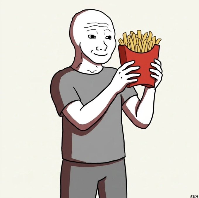 An illustration of the Wojak character holding a red container of french fries with a content expression.