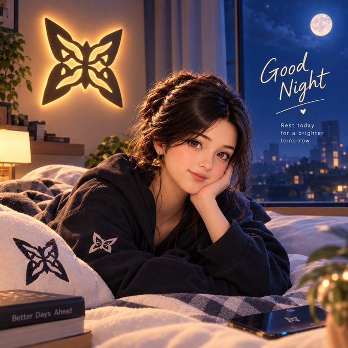 An AI-generated cozy bedroom scene features a woman resting on a bed with butterfly wall decor, accompanied by the text 'Good Night - Rest today for a brighter tomorrow' against a moonlit city skyline.