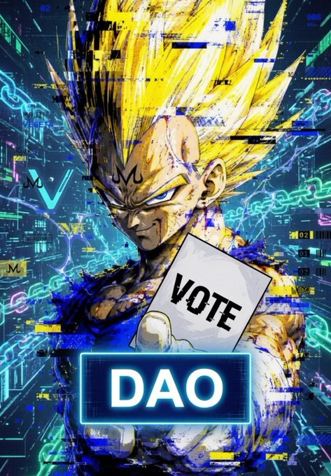 The image features a cartoon character with a yellow hair color, wearing a blue shirt and holding a white paper that says "DAO" written on it. The character appears to be standing against a backdrop of neon lights and computer codes, giving the impression of a futuristic setting. The text in the image reads "Focus on what is in the image and how it relates to the post", which suggests that the viewer should pay attention to the details within the image and consider its connection to the post about voting day.