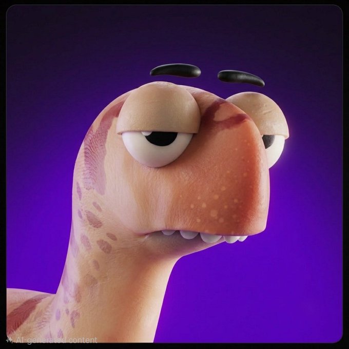 A 3D-rendered cartoon dinosaur character with droopy, tired-looking eyes and floating black eyebrows against a purple background, with 'AI-generated content' labeled in the bottom left.