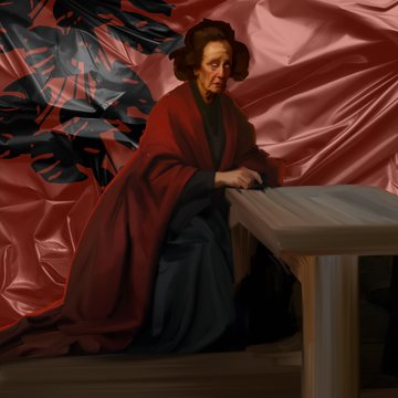 A classical oil painting depicting an elderly woman in a dark dress and red shawl sitting at a wooden table against a draped red fabric backdrop.