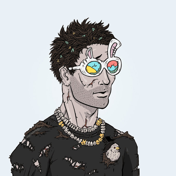 A digital illustration of a zombie-like character with messy hair, cracked skin, and bunny-eared glasses reflecting a colorful scene, wearing a beaded necklace and a torn black shirt with a small bird.