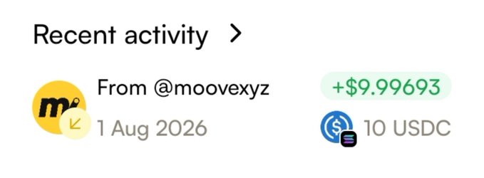 A 'Recent activity' screen shows a transaction from '@moovexyz' dated '1 Aug 2026' for a gain of '+$9.99693' equivalent to '10 USDC' with a yellow 'mo' icon.