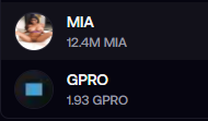 A simple dark interface showing token listings for 'MIA' at 12.4M and 'GPRO' at 1.93G.