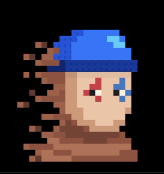 A pixel art portrait of a character with a blue hat, red and blue eyes, and brown flowing hair or scarf against a black background.