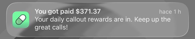 A push notification from the Pumpfun app reads, "You got paid $371.37. Your daily callout rewards are in. Keep up the great calls!" accompanied by a green pill icon, directly visualizing the post's claim of earning over $370 through daily callout rewards on the platform.