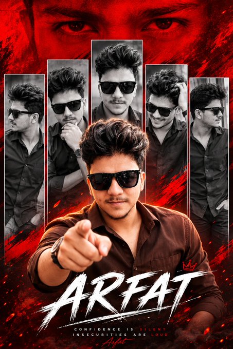 A promotional poster for 'ARFAT' displays a young man in sunglasses and a brown shirt pointing at the viewer, with the tagline 'CONFIDENCE IS SILENT. INSECURITIES ARE LOUD' against a red background with multiple smaller portraits.