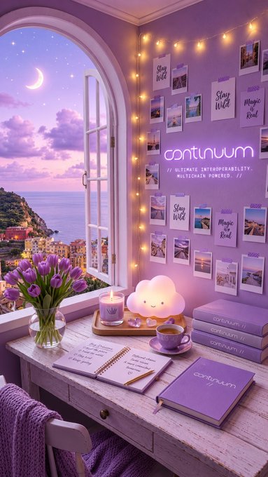 A purple-toned, aesthetic workspace with a window overlooking the ocean features a desk with a notebook, cloud lamp, purple flowers, and wall decor displaying 'continuum' with the text 'ULTIMATE INTEROPERABILITY. MULTICHAIN POWERED.'