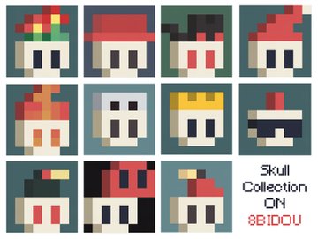 Pixel art collection of mushroom characters styled as skulls, labeled 'Skull Collection ON 8BIDOU'.
