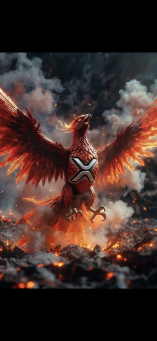 A fiery red phoenix rises from smoke and embers with its wings spread wide, emblazoned with a metallic XRP logo on its chest—symbolizing XRP's dramatic resurgence, as the post declares "It's time. #XRP" suggesting a long-awaited bullish breakout or revival.