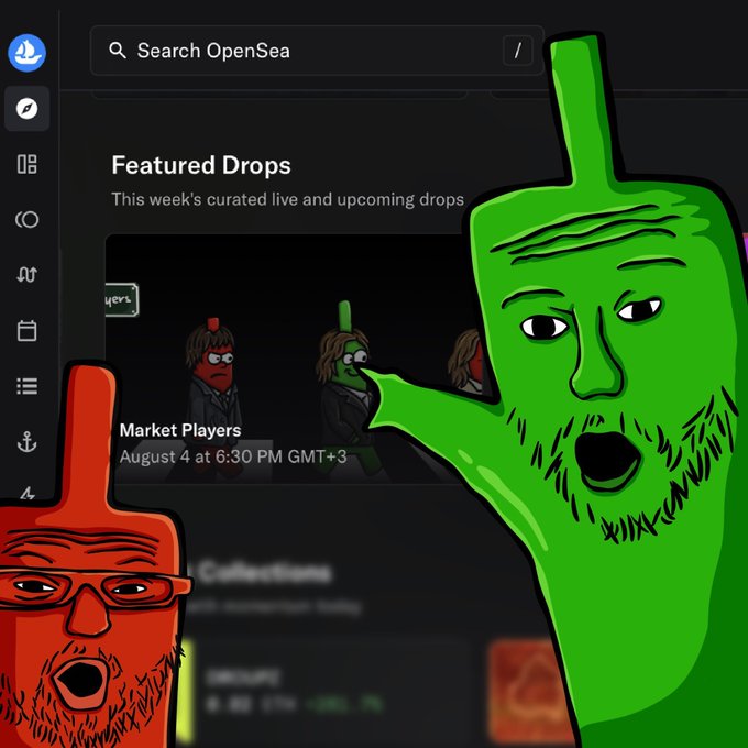 Two cartoon pepper mascots—one orange and one green, both sporting beards and glasses—frame a screenshot of the OpenSea homepage, which prominently features the "Market Players" drop under "Featured Drops" with a launch date of August 4 at 6:30 PM GMT+3.