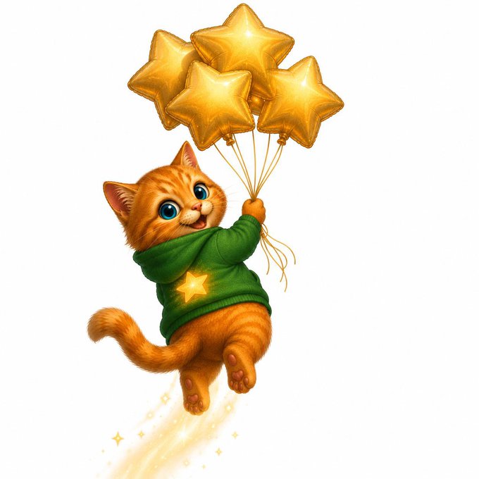 An illustration of a smiling orange cat wearing a green hoodie with a yellow star, floating while holding a bunch of gold star-shaped balloons.