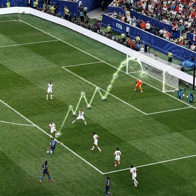 A soccer match scene with an overlaid zigzag green line tracing a candlestick chart trajectory toward the goal, satirizing how a trader's mind frames the game as a stock chart. Visible text includes "FIFA" on the sideline barrier and partial jersey numbers like "23" and "9."
