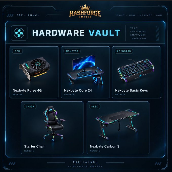 A 'HASHFORGE EMPIRE' pre-launch promotional graphic for a 'HARDWARE VAULT' showcasing gaming equipment including the Nexbyte Pulse 4G GPU, Nexbyte Core 24 monitor, Nexbyte Basic Keys keyboard, Starter Chair, and Nexbyte Carbon S desk.