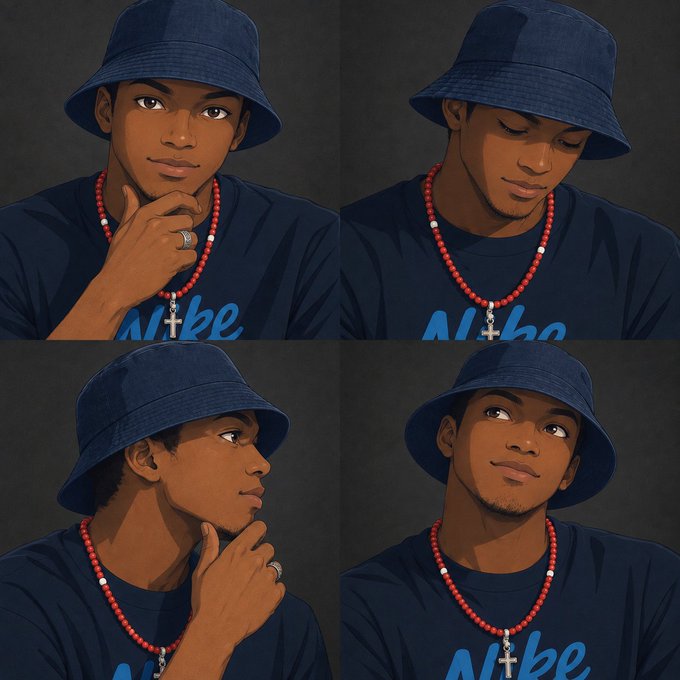 A four-panel illustration shows a young man wearing a blue bucket hat, red beaded necklace with a cross, and a dark blue shirt with 'Nbe' text, posed in different thoughtful expressions.