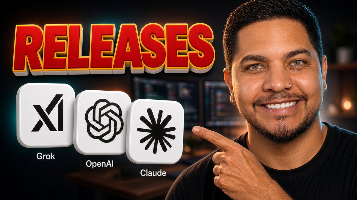 A YouTube thumbnail with bold red "RELEASES" text featuring a smiling man pointing to icons for Grok (X), OpenAI, and Claude AI.