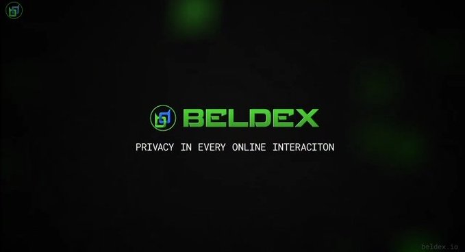 A black screen displays the green logo and text 'BELDEX' with the tagline 'PRIVACY IN EVERY ONLINE INTERACITON' and the URL 'beldex.io' in the corner.