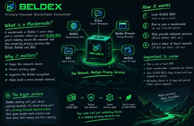 An infographic titled 'BELDEX Privacy-Focused Blockchain Ecosystem' explains what a Masternode is, how it works, and features services like BChat, BelNet, Beldex Browser, BNS, and Wallets.