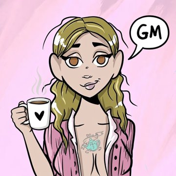 A cartoon illustration of a blonde woman with curly hair holding a coffee mug, wearing a pink striped shirt with a heart design, saying 'GM' (Good Morning) in a speech bubble.