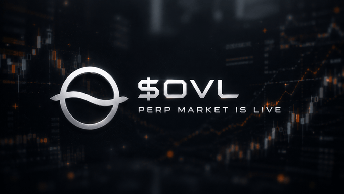 Promotional graphic for $OVL announcing 'PERP MARKET IS LIVE' against a dark background with financial charts.