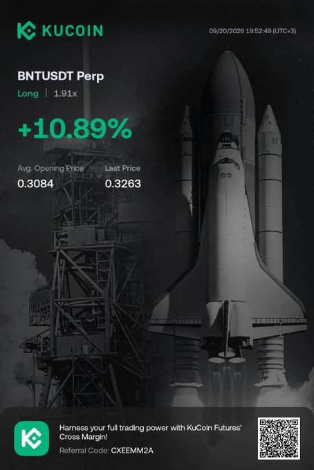 A KuCoin promotional graphic dated 09/20/2026 displays a 'BNTUSDT Perp' Long position showing +10.89% return (1.91x leverage), with an opening price of 0.3084 and last price of 0.3263, set against a black-and-white image of a space shuttle on a launch pad.