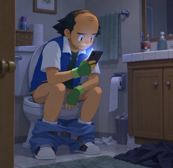 An anime-style illustration of Ash Ketchum from Pokémon sitting on a toilet in a bathroom, looking at his phone with his pants down.
