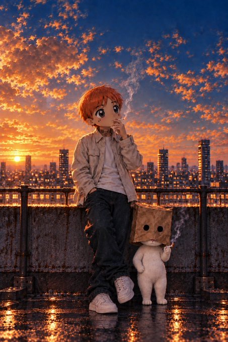 An anime-style illustration of a young person with orange hair smoking next to a small white creature wearing a paper bag, set against a sunset cityscape.