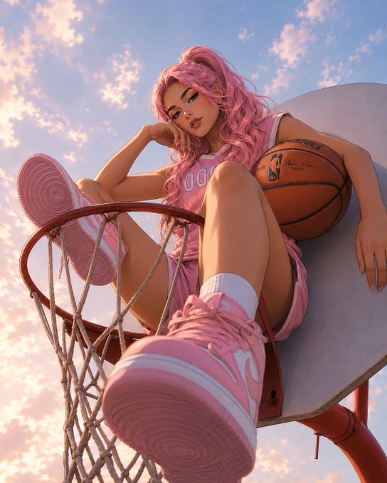 A pink-haired character lounges atop a basketball hoop, casually holding a Spalding basketball while showing off pink high-top sneakers, embodying the optimistic "things might actually work out" vibe of the Tuesday gm post with her laid-back, confident pose against a soft sunset sky.