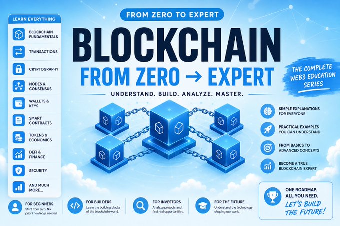 An educational infographic titled 'BLOCKCHAIN FROM ZERO → EXPERT' with the tagline 'UNDERSTAND. BUILD. ANALYZE. MASTER.' featuring topics like fundamentals, transactions, cryptography, and smart contracts.