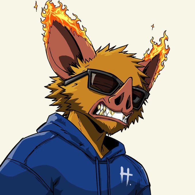 A stylized digital illustration shows a snarling anthropomorphic boar character wearing dark sunglasses and a blue hoodie, with flames emanating from its large ears.