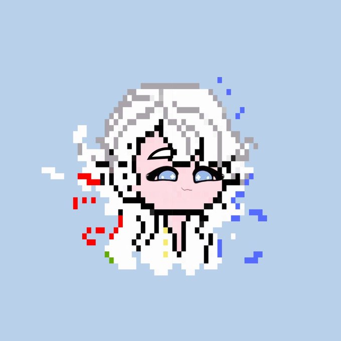 A pixel art chibi figure with blue eyes floats against a light blue background, with red and blue particles scattering from its sides. The simple "gm..." caption pairs with the cheerful, casual pixel art aesthetic typical of crypto community greetings shared on social media.