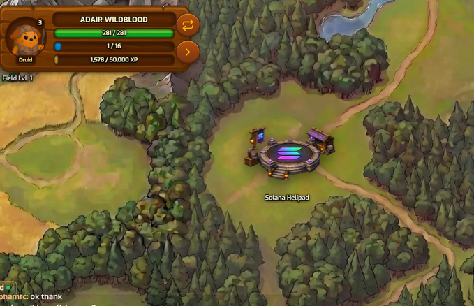 A screenshot from the Pawtato game shows the "Solana Helipad" area on a forest map, with the player "ADAIR WILDBLOOD" (a Druid, Field Lvl. 1) displayed in the top left showing 281/281 health, 1/16 mana, and 1,578/50,000 XP, illustrating the gaming experience referenced in the post.